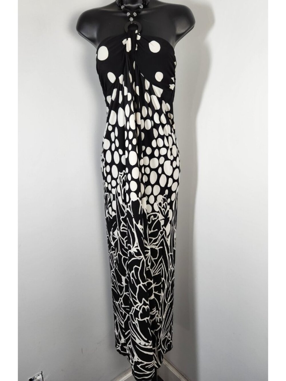 Saint Tropez West Halter Top Floral Polka Dot Dress-Black and White - SZ 10